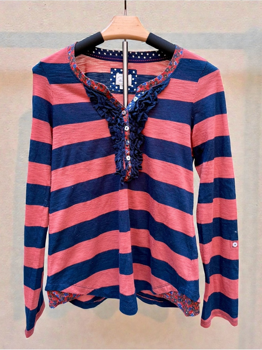 Anthropologie Girls From Savoy XS Navy Coral Striped Ruffle Henley Top